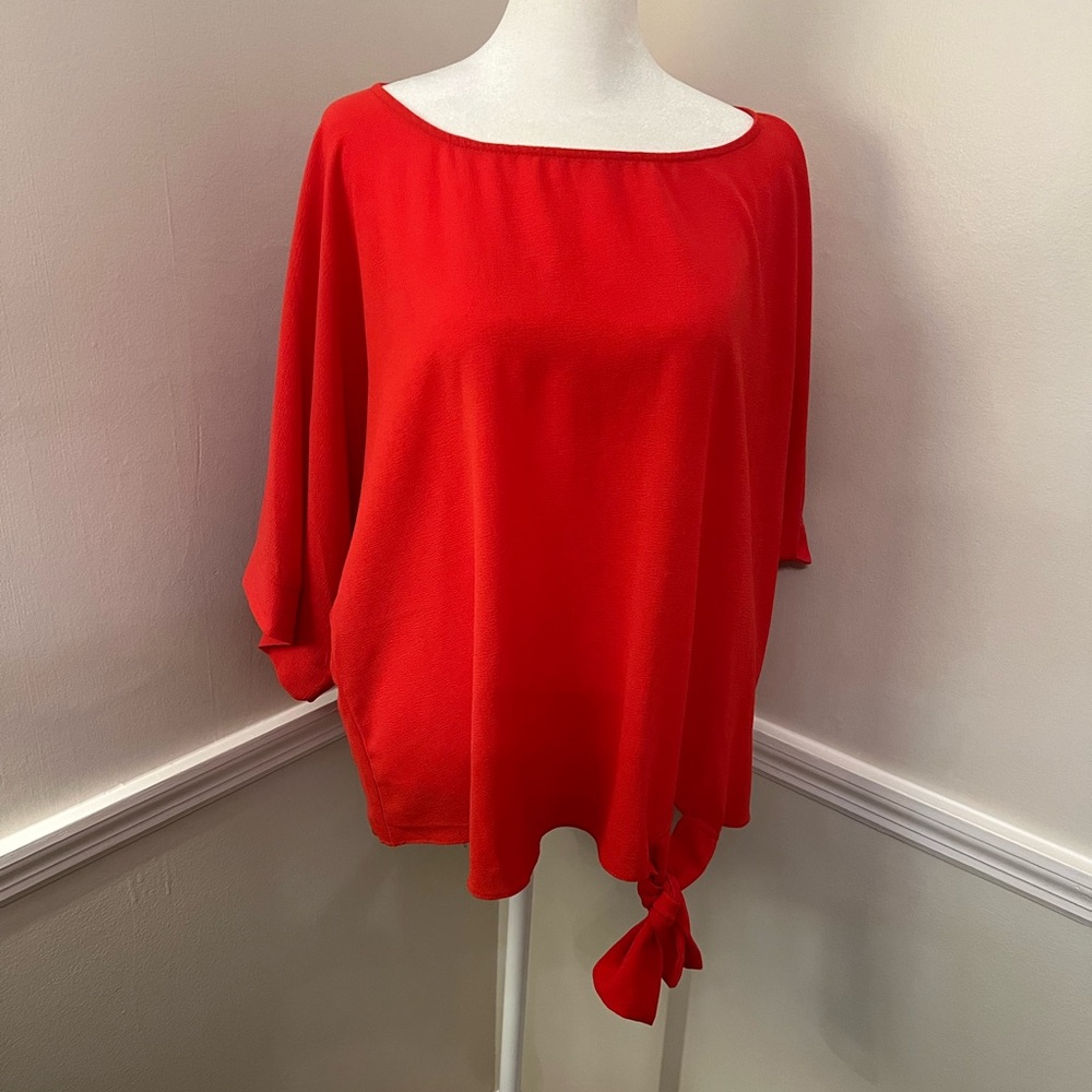 She + Sky Red Asymmetrical 3/4 Sleeve Blouse